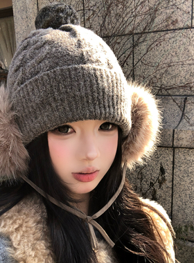 复古绑带毛球灰色毛线针织帽女冬