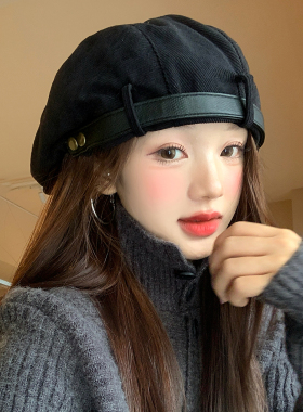 黑色灯芯绒前进帽女秋季复古百搭