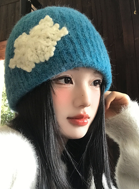蓝色雪花大头围毛线帽女冬季显脸