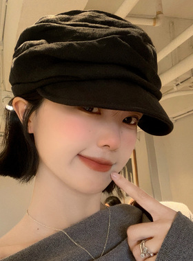 日系复古褶皱棉麻黑色贝雷帽女士