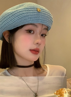 韩系复古蓝色贝雷帽女春秋季百搭