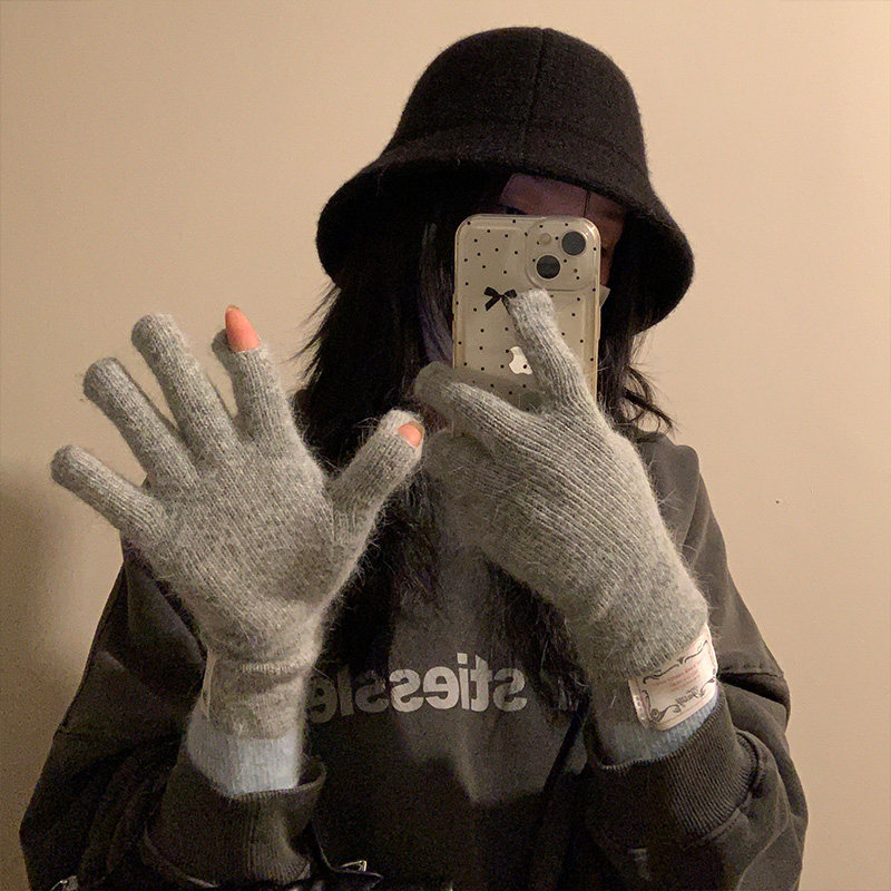韩版贴布兔毛灰色针织手套女2025秋冬季分指保暖百搭可触屏骑行潮,淘宝优惠券,粉丝福利购,淘宝优惠卷