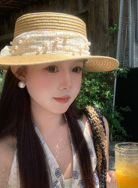 法式珍珠蝴蝶结平顶草帽女夏海边