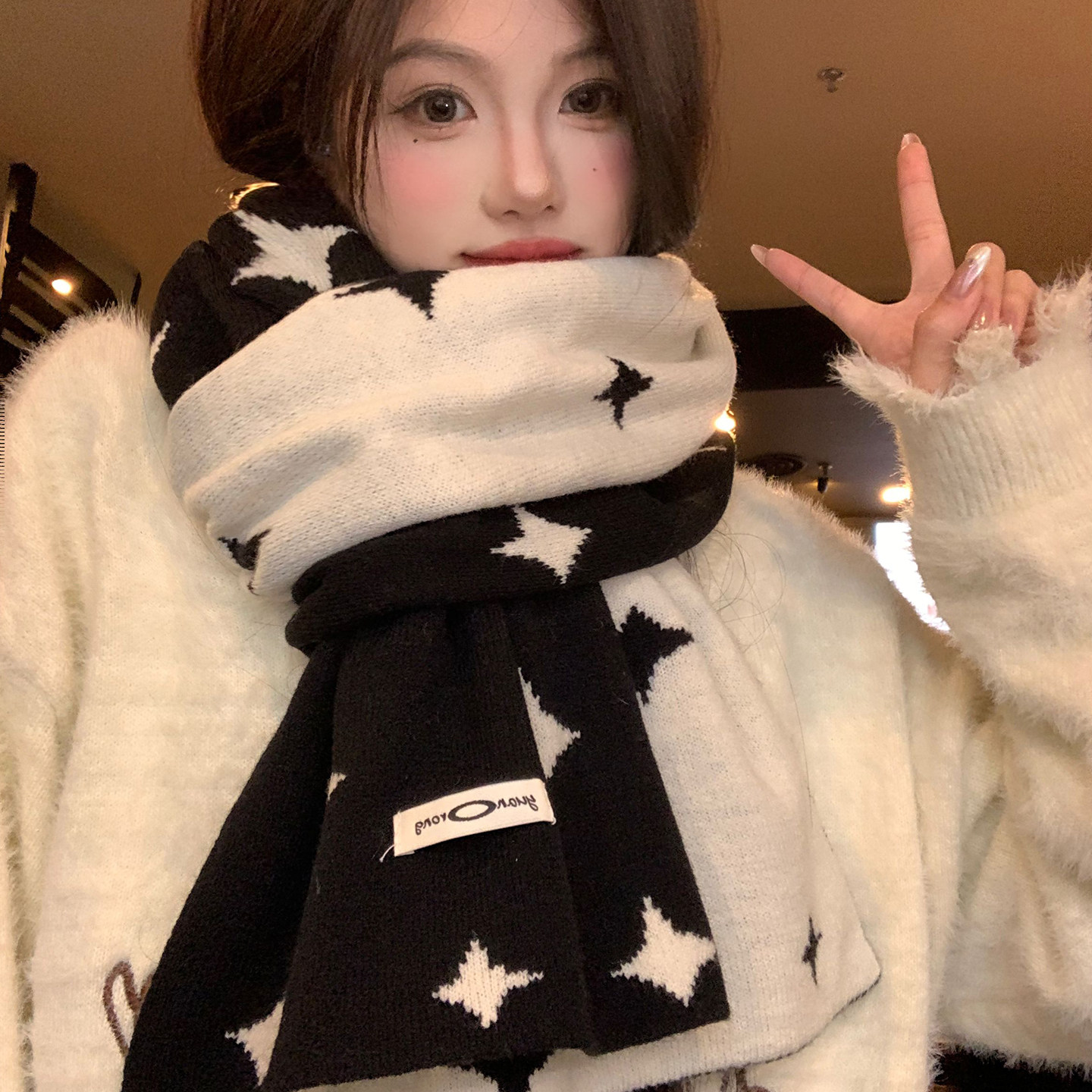 双面星星仿羊绒加厚针织围巾女秋冬季保暖韩系氛围感防寒披肩围脖,淘宝优惠券,粉丝福利购,淘宝优惠卷