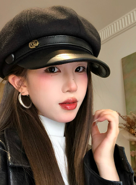 英伦风复古黑色八角贝雷帽女士秋