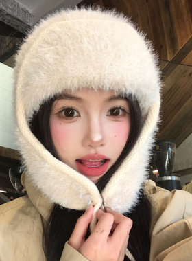 白色毛绒针织护耳帽女秋冬季保暖