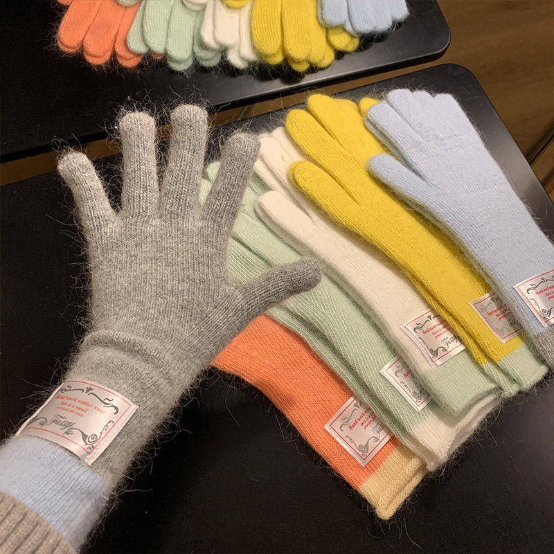 韩版贴布兔毛灰色针织手套女2025秋冬季分指保暖百搭可触屏骑行潮,淘宝优惠券,粉丝福利购,淘宝优惠卷