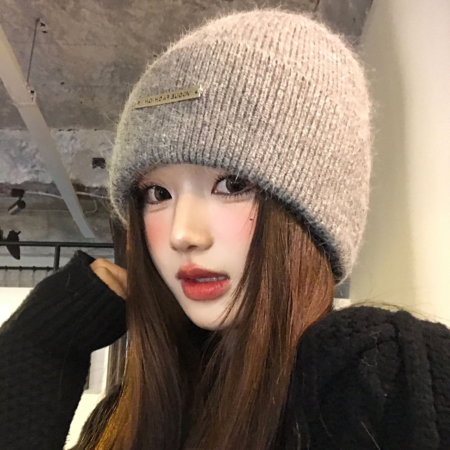 灰色兔毛针织帽女秋冬2025新款加厚大头围保暖毛线帽子显脸小冷帽,淘宝优惠券,粉丝福利购,淘宝优惠卷