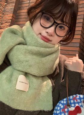 含羊毛绿色针织毛线围巾女2026年