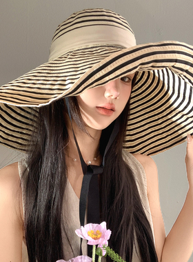 超大帽檐条纹绑带渔夫帽女夏季