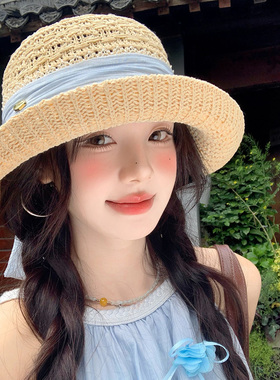 蝴蝶结蕾丝镂空翻檐草帽女夏海边