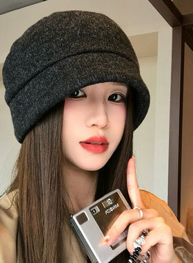 黑灰色拼接针织冷帽女秋冬季复古
