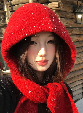 红色巴拉克拉法帽女秋冬针织帽子