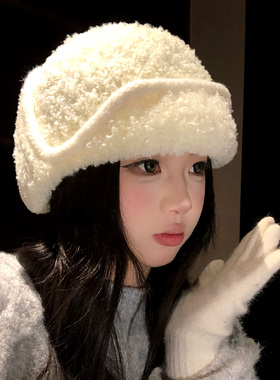 韩版简约白色针织毛绒帽女生冬季