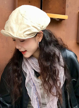 日系文艺褶皱棉麻贝雷帽子女秋季