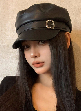 韩系简约复古PU皮质黑色贝雷帽女