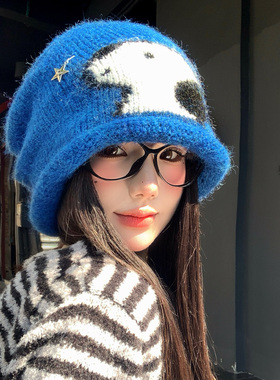蓝色可爱卡通小狗卷边针织冷帽女