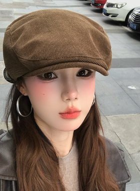 复古咖色灯芯绒前进帽女秋季时尚