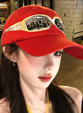 复古水洗墨镜刺绣红色棒球帽女