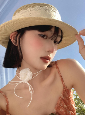 蕾丝编织平顶草帽女夏季海边度假