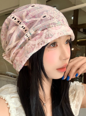 碎花镂空蕾丝绑带包头帽女夏季薄