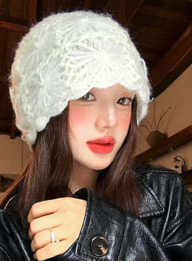 韩系白色镂空花朵针织包头帽女