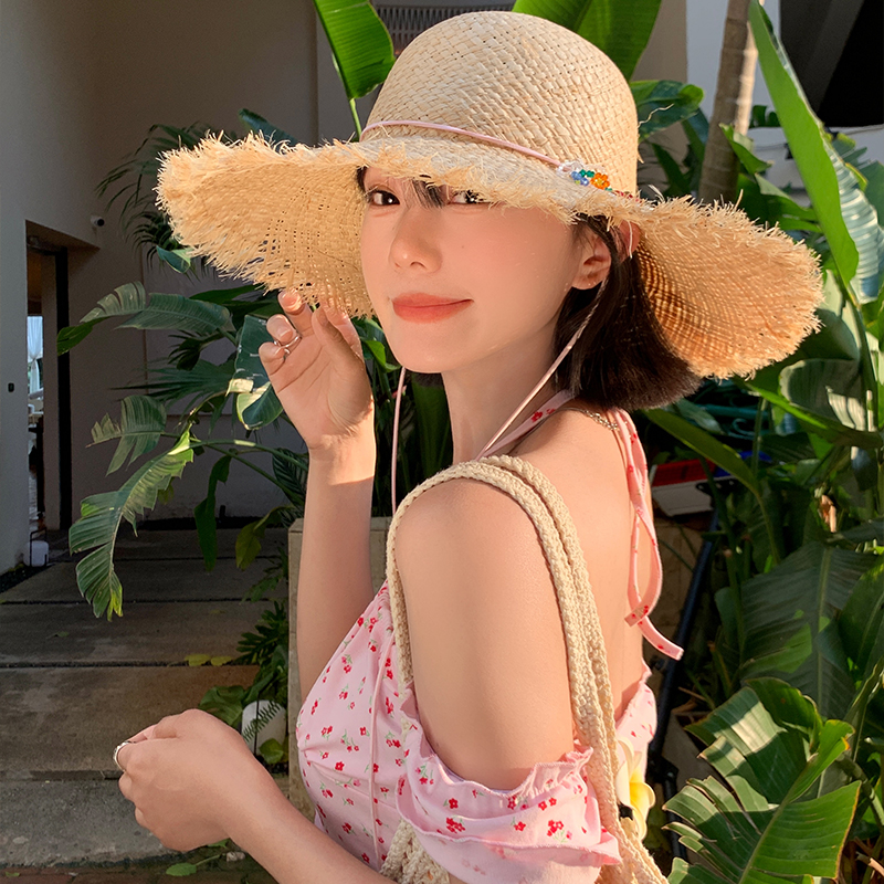 法式大帽檐编织拉菲草帽女夏季海边沙滩度假风帽子遮阳防晒太阳帽 - 图0