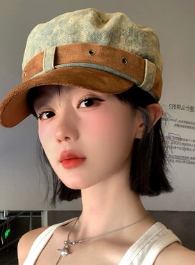 复古做旧牛仔麂皮拼接报童帽女士