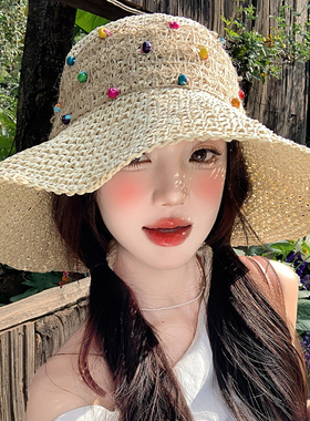 田园风彩珠大帽檐草帽女夏季海边