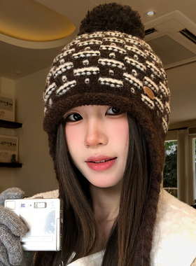 毛球麻花绑带针织护耳帽女冬季