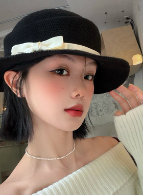 黑色赫本风蝴蝶结编织礼帽女优雅