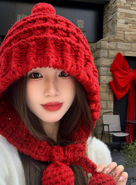 红色毛球护耳针织毛线帽子女秋冬