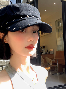 黑色复古铆钉平顶马术帽女秋季
