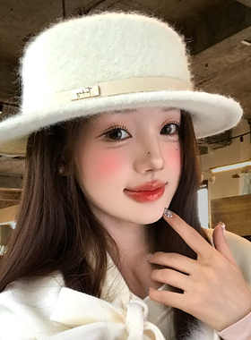 法式留洋千金白色毛呢平顶礼帽女