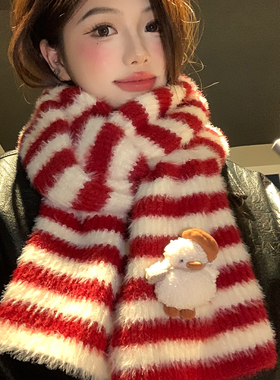 红色条纹小鸭子毛绒针织围巾女秋