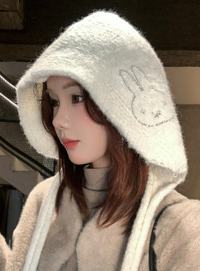 可爱白色小兔子烫钻针织包头帽女