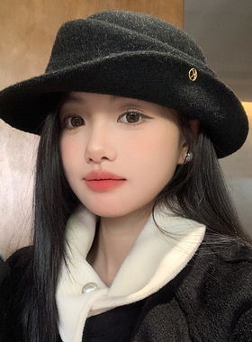 千金风黑色毛呢卷边礼帽女秋冬