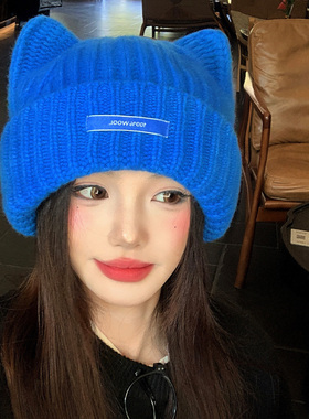 100%羊毛蓝色猫耳朵针织毛线帽女