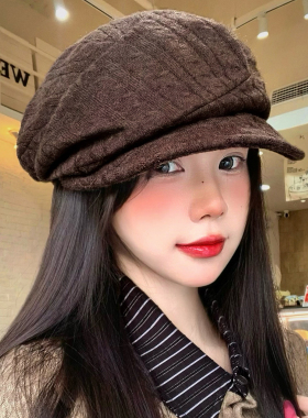 复古咖色麻花针织贝雷帽女秋季