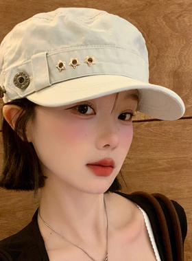 复古星星纽扣平顶马术帽女秋冬季