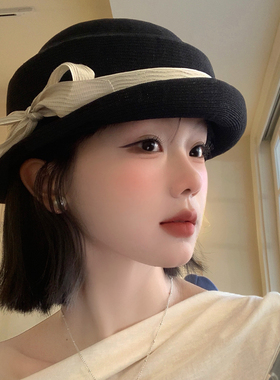 法式赫本风蝴蝶结黑色礼帽女高级