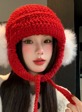 红色可爱毛绒针织雷锋帽女秋冬