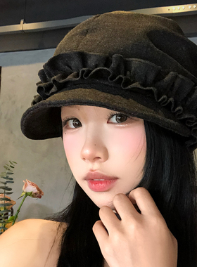 黑灰色花朵褶皱鸭舌贝雷帽子女
