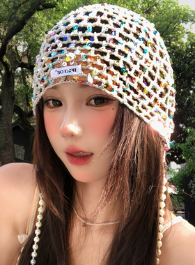 镂空亮片珍珠流苏包头帽女夏新款