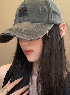美式复古破洞字母棒球帽女做旧