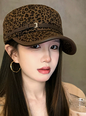美式复古豹纹皮扣平顶鸭舌帽子女