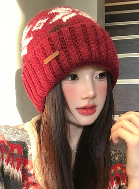 红色费尔岛雪花针织帽女秋冬季暖