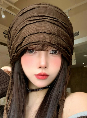废土风条纹褶皱绑带包头帽子女款