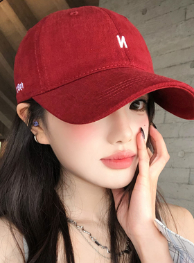 韩系字母刺绣红色棒球帽女大头围