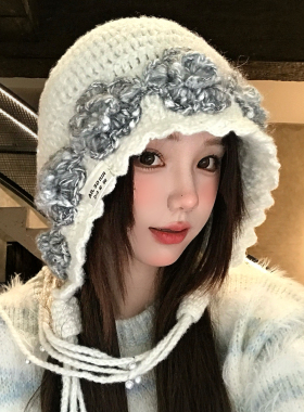 手工花朵珍珠流苏针织帽女秋冬季